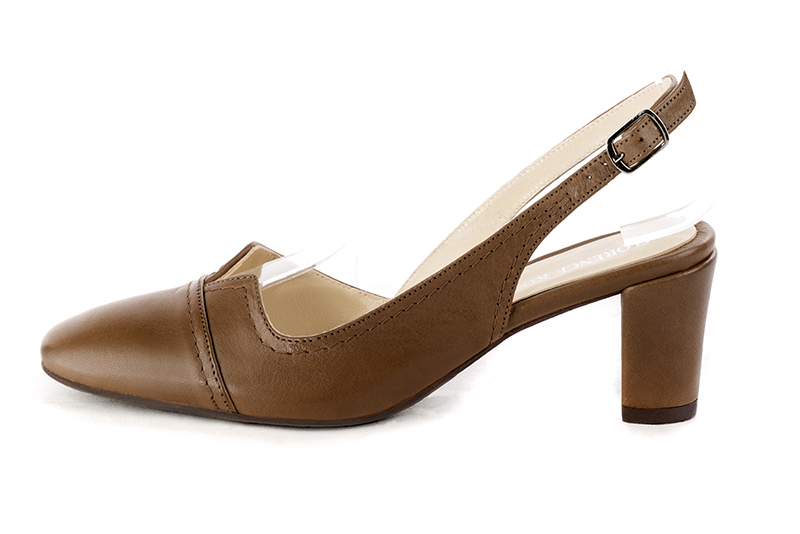 Caramel brown women's slingback shoes. Round toe. Medium block heels. Profile view - Florence KOOIJMAN
